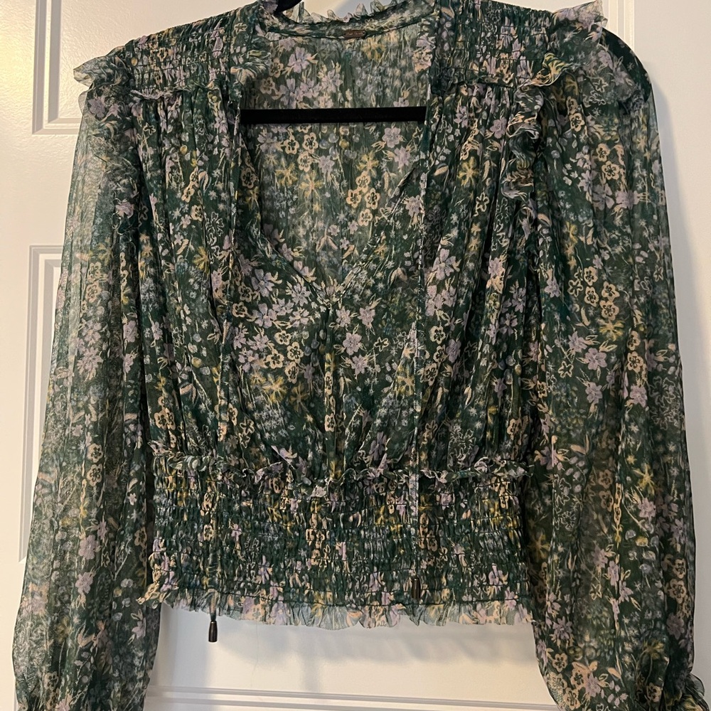 Free People Floral Green and Lavender Blouse